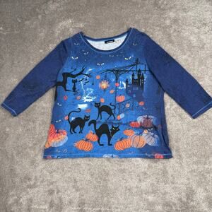 Vtg Halloween Black Cat Shirt Pumpkin Blue Polyester Size L Blouse